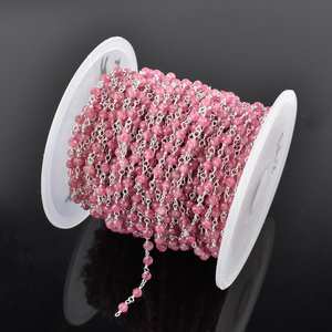 Cadena de Rosario de cuentas redondas microfacetadas de turmalina Rosa Natural, piedra de turmalina de 3mm, cadena de eslabones envueltos en alambre de plata de ley 925 - Product Image 3