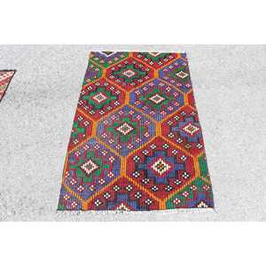 Petit tapis turc vintage 2,9x4,8 pieds, tapis uni rouge et bleu - Product Image 1