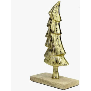 Modern Gold <b>Christmas</b> <b>Tree</b> Decoration with Wooden Base for <b>Tabletop</b> and Mantelpiece Elegant Antique Finish Metal Sculpture - Product Image 1