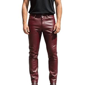 Pantalones de Motociclista de Piel de Cordero Color Borgoña Hechos a Mano para Hombre – Cuero Genuino, Corte Ajustado - Product Image 1
