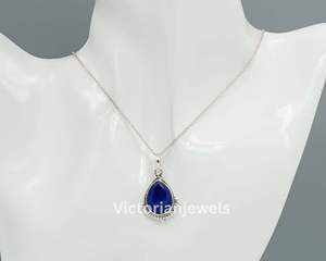 925 Plata de Ley sólida mes de septiembre piedra natal lapislázuli con ajuste de bisel colgante en forma de pera - Product Image 4