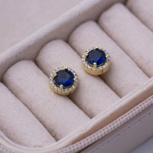 <b>Sapphire</b> CZ Stone 9 mm Round Shape Stud <b>Earrings</b> Jewellery Trendy Wholesale Handcrafted 925 Sterling Silver Jewelry - Product Image 2
