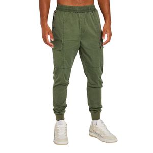Pantalones cargo caqui oscuros para hombre con acabado lavado resistente, cierres de metal y bolsillos laterales funcionales - Product Image 1