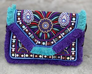 Sac à main pochette brodé de perles multicolores vives avec pompons et pierres, style bohème, spécial Aïd, pour femme, sac à main de fête indien, pochette enveloppe - Product Image 6