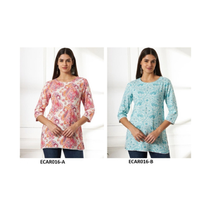 Haut court élégant en rayonne de coton Kurti pour femmes prêt à l'exportation avec ambiance ethnique moderne léger et confortable d'Inde - Product Image 1