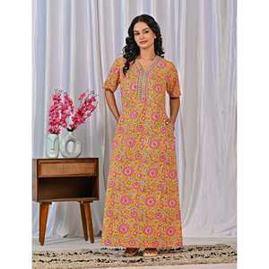 Vestido de Dormir 100% Algodón con Estampado Jaal Hecho a Mano, Camisón Suave Tejido con Diseño Floral y Cierre de Botones, Talla 3XL para Damas de Honor - Product Image 6