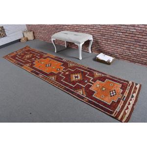 Turkish Vintage Rug, 2.7x11.1 ft Herki Rug, <b>Red</b> Orange Solid <b>Wool</b> Rug - Product Image 2