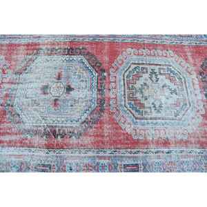 4.3x11.3 ft Vintage Turkish Rug, <b>Runner</b> Rug, <b>Red</b> Blue Southwestern Wool Rug - Product Image 5