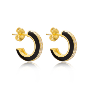 14 mm Black Enamel Zircon Stone Round Design Stud <b>Hoop</b> <b>Earrings</b> Handcrafted Wholesale 925 <b>Sterling</b> <b>Silver</b> Jewelry - Product Image 2
