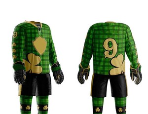 Green Checkered Ice Hockey Jersey Gold Shamrock Print Full Sleeve Men's Sportswear Uniform Breathable Polyester Apparel Ronpex - Product Image 1