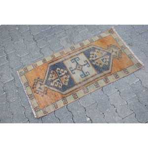 Tapis vintage 1,6x3,4 pieds, petit tapis turc, tapis Ikat orange et bleu - Product Image 3