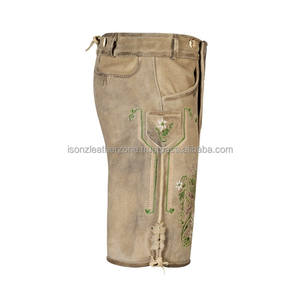 Pantalon bavarois pour homme en cuir de vachette lourd sur mesure, vêtements décontractés, lavage clair, tissu uni teint, tissu peigné, taille haute, coupe droite - Product Image 3