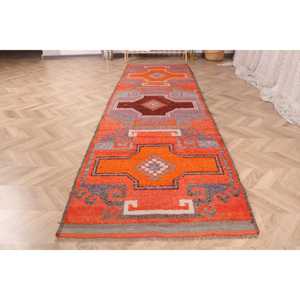 3.1x10.7 ft Vintage <b>Rug</b>, Turkish <b>Runner</b> <b>Rug</b>, Orange Gray Animal Print Wool <b>Rug</b> - Product Image 2