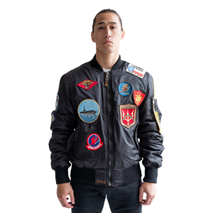 2025 vente en gros TOP GUN Nylon Bomber vestes officiel MA-1 Patch bleu marine hommes toile toile peau de vache Logo avant positionné - Product Image 1