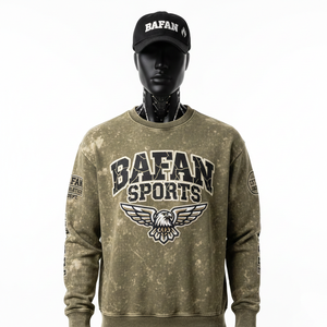 Sweat-shirt pour homme en coton lourd, molletonné, délavé à l'acide, vert olive, imprimé en relief, logo personnalisé, sweat-shirt basique pour homme - Product Image 1