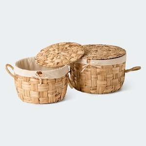 Juego de 2 cestas con tapa de jacinto de agua marrón claro hechas a mano, almacenamiento plegable de lino, artesanía de Kim Son, origen del pueblo para - Product Image 6