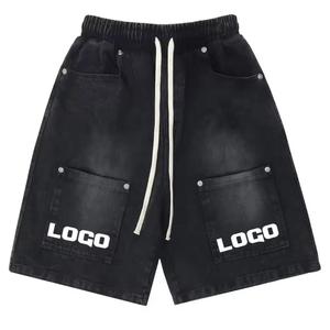 Pantalones cortos informales Vintage lavados de fabricante para hombre, logotipo personalizado, estampado grueso desgastado, borde cortado desteñido por el sol, lavado ácido, 100% algodón - Product Image 1