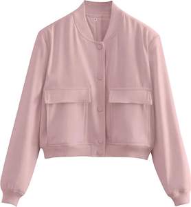 Blouson aviateur universitaire boutonné décontracté pour femme 100% coton vêtements d'extérieur d'hiver avec poches - Product Image 1