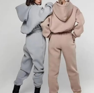 Women's Unisex Winter Set High Quality Solid <b>Thick</b> Oversized Sweatpants and Hoodie Jogger Suit with Custom Logo Cropped Top - Product Image 1