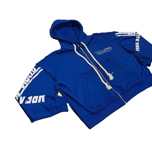 Azul desgastado doble bolsillo pantalla impresa de gran tamaño cremallera Unisex Sudadera con capucha de peso pesado Zip Up Hoodie - Product Image 1