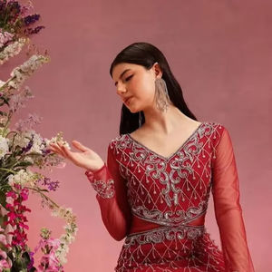 Vestido Maxi acampanado modesto a la moda con bordado de cuentas y parte delantera de perlas de longitud completa cintura natural cuello en V estilo elegante Simple - Product Image 1