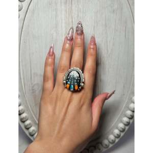 Ray Jack Romantic Multi-Stone <b>Ring</b> with <b>Turquoise</b> Vermeil Rhodium Plated Size 6.5 Sterling Silver & Platinum for Everyday Wear - Product Image 4