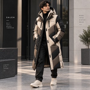 Low MOQ <b>Long</b> <b>Puffer</b> <b>Jacket</b> with Quilted Layers Warm Interior Adjustable <b>Hood</b> Canvas Fabric Winter Season Front Logo - Product Image 1