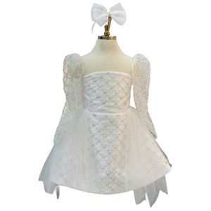 Robe de princesse décontractée pour filles, style licou, longue, à manches longues, en tulle orné de paillettes et de perles, écologique, ODM/OEM, pour mariages et événements variés - Product Image 1