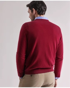 Pull en <span class=keywords><strong>laine</strong></span> mérinos superfine 100% pour homme, col rond, col et poignets côtelés, manches longues, bordeaux - Product Image 6
