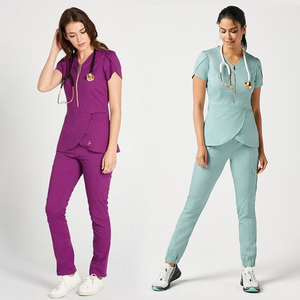 Conjunto de exfoliante médico con cremallera para mujer, Top y pantalones de manga corta, uniforme de enfermería, ajuste moderno, ropa de trabajo para Hospital sanitario, enfermera - Product Image 3