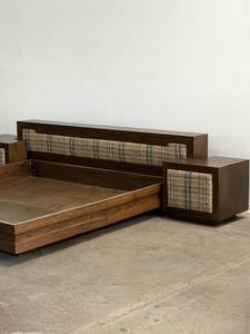 Solid Wood Midcentury <b>Platform</b> <b>Bed</b> <b>Frame</b> with Comfortable Upholstered Headboard and Side Nightstands - Product Image 5