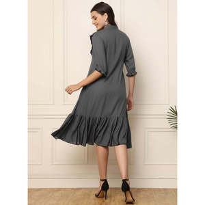 Deebaco Women's Solid Gray Midi <b>Dress</b> With Flounce Collar Ruffle Sleeve A-Line Casual Loose Fit Solid Breathable <b>Dress</b> - Product Image 4