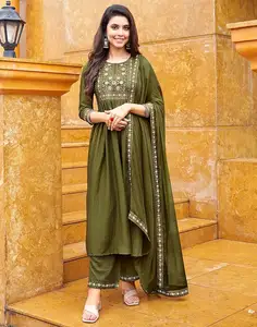 印度手工女式棉箔印花Anarkali Kurta长裤，带Dupatta套装，批量供应