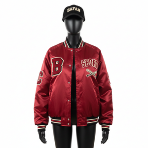 Veste en satin premium pour femmes, tissu brillant rouge avec logo personnalisé brodé, design de patch en chenille, vestes en satin pour femmes - Product Image 1