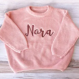 Suéter de punto de algodón orgánico para bebé, suéter de gran tamaño de punto básico ecológico, suéter de bebé con nombre bordado a mano, jersey de bebé