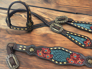 Top Quality Western Equestrian Horse Crocodile Skin Textured Cowhide Leather Headstall & Gladiator Breast Collar Roping Tack <b>Set</b> - Product Image 2