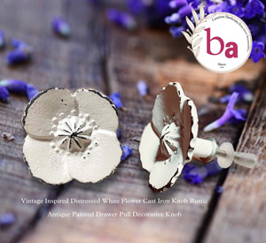 Bouton en fonte d'inspiration Vintage rustique fleur blanche en détresse pour armoires de cuisine chambre commodes porte tiroir placard poignée - Product Image 2