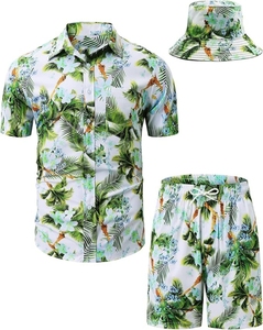 Conjunto Hawaiano Estampado para Hombre, Transpirable, 3 Piezas, con Camisa, Pantalones Cortos y Sombrero, para Viajes de Verano y Playa, Ropa OEM - Product Image 3