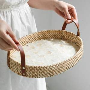 Best Selling Rattan MOP Inlay Serving <b>Tray</b> Oval Shape With Leather Handle for Table Top and Kitchen Ware Items in Vietnam - Product Image 5