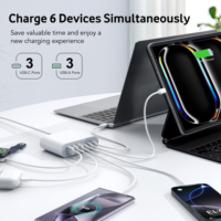 Chargeur de bureau HNT OEM ODM 200W GaN, 3 ports Type C, 3 ports USB-A, station de charge multi-appareils, adaptateur secteur Carga Rapida, prise US EU UK AU