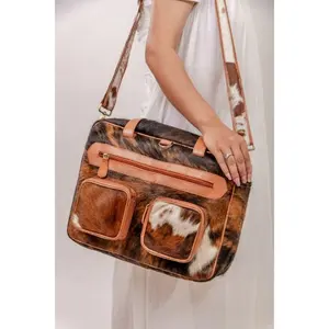 Real Cowhide Leather Duffel Bag Large Travel Bag Cowhide Patchwork Bag Brown Leather Tote Women's Weekender