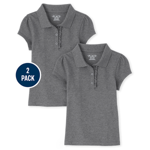 เครื่องแบบนักเรียนโปโลยืดได้สำหรับเด็กผู้หญิง2แพ็คสีเทาเครื่องแบบเด็กผู้หญิงเครื่องแบบมีระบาย - Product Image 2