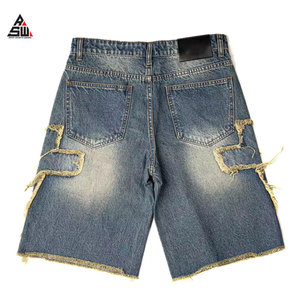 Shorts en jean vintage pour homme, broderie appliquée, cristal, Y2K, délavé, ourlet brut, streetwear, coupe régulière, écologique - Product Image 3