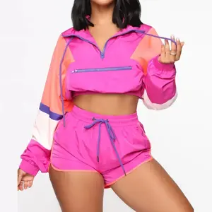 High quality Woman 2 Piece Short Set Windbreaker Zipper Cropped Top Short Set Nylon shorts and jacket set for females