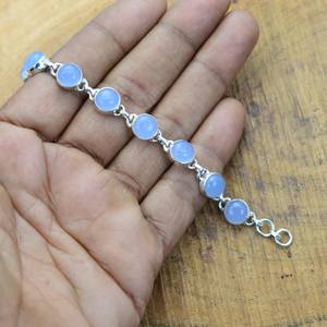 Pulsera Ajustable de Plata de Ley 925 con Calcedonia Azul, Gema Redonda, Joyería Hecha a Mano, Regalo para Mujer - Product Image 4