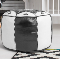 Pouf Bohème Oriental en Cuir Véritable Noir et Blanc, Décoration Marocaine Faite à la Main, Vintage, OEM Disponible, Yoga, Non Toxique