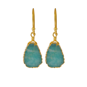 Boucles d'oreilles pendantes artisanales pour femme, plaquées or, avec amazonite verte naturelle, style crochet, 10x15mm - Product Image 1