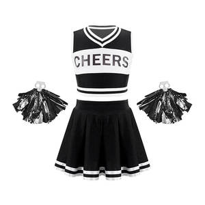 Vêtements de cheerleading imprimés pour filles, noir et blanc, vente en gros |   Uniformes de cheerleading imprimés par transfert thermique pour les équipes scolaires, jeunes - Product Image 1