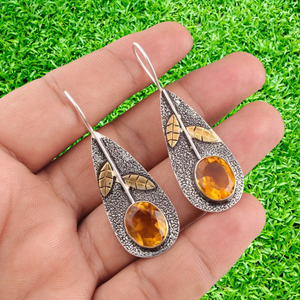 Niharika Gems Vintage 925 Silver Drop <b>Earrings</b> With Handmade <b>CITRINE</b> Stone And Leaf Design For Women Everyday Wear - Product Image 1