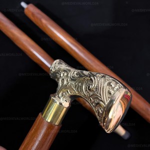 Canne de marche vintage en laiton poli fait main avec poignée de designer et manche en bois, impression numérique - Product Image 6